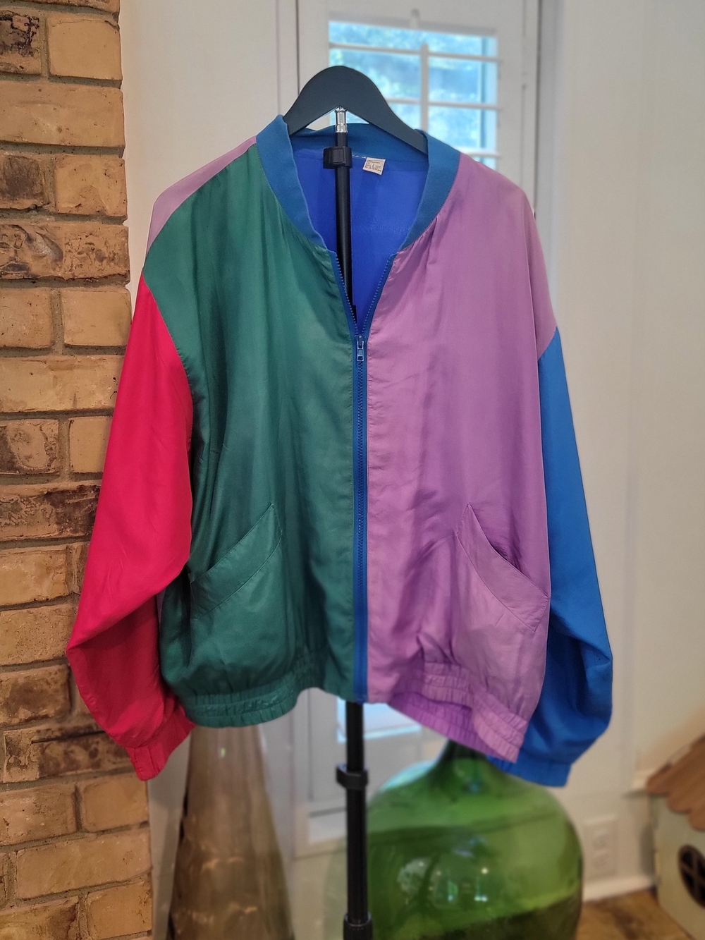Vintage 100% Silk Colorblock Bomber Jacket - Purple, Green, Blue & Pink